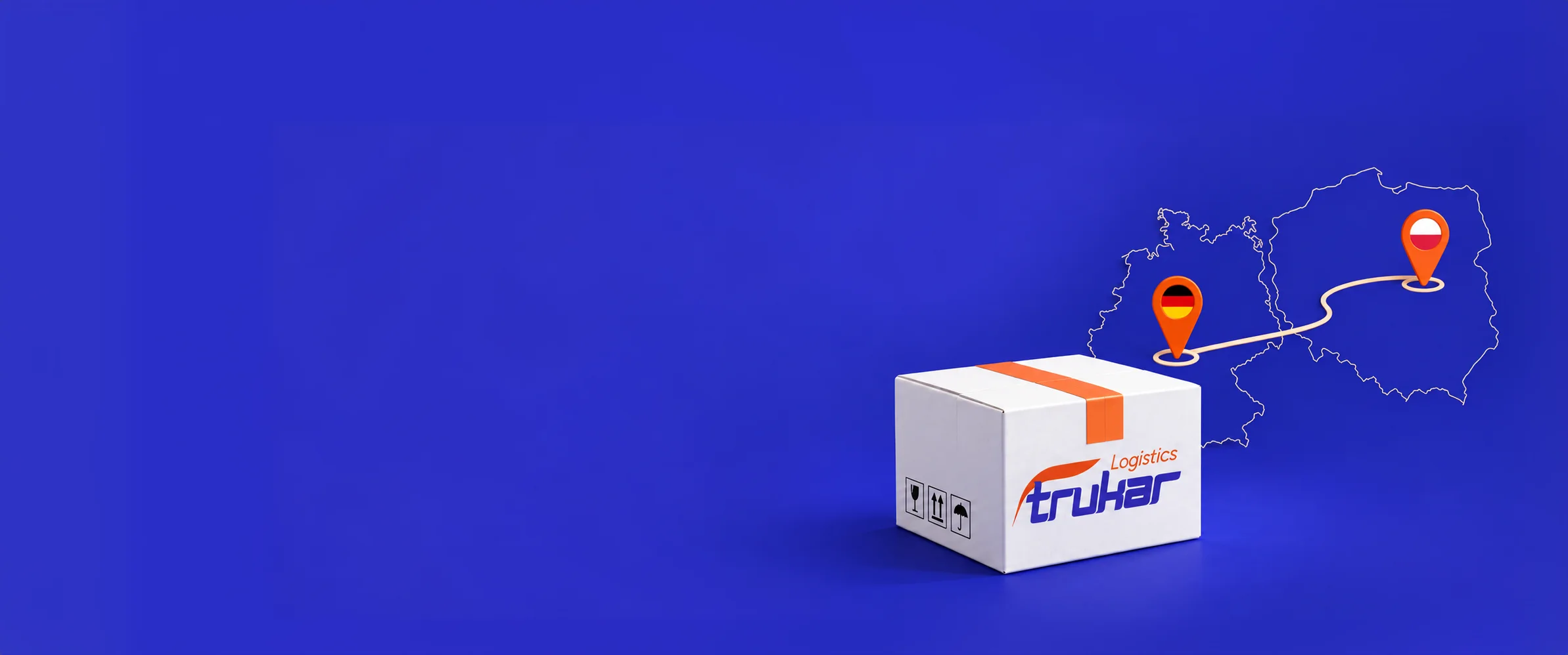 Trukar-Paket vor einer Kartenroute von Deutschland nach Polen